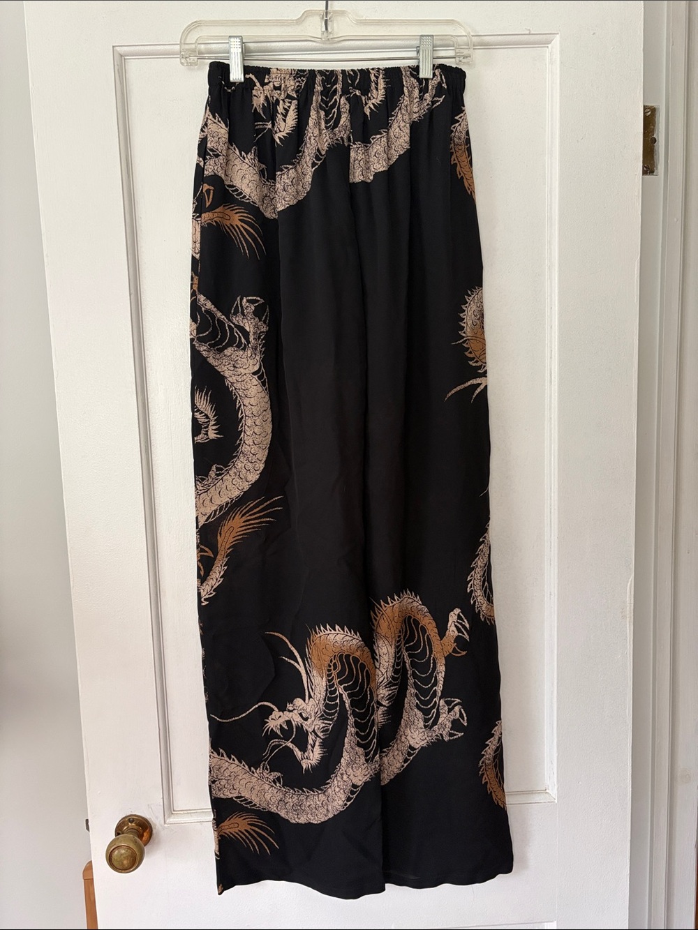 Wide Leg Black Pants with Tan Dragon Print